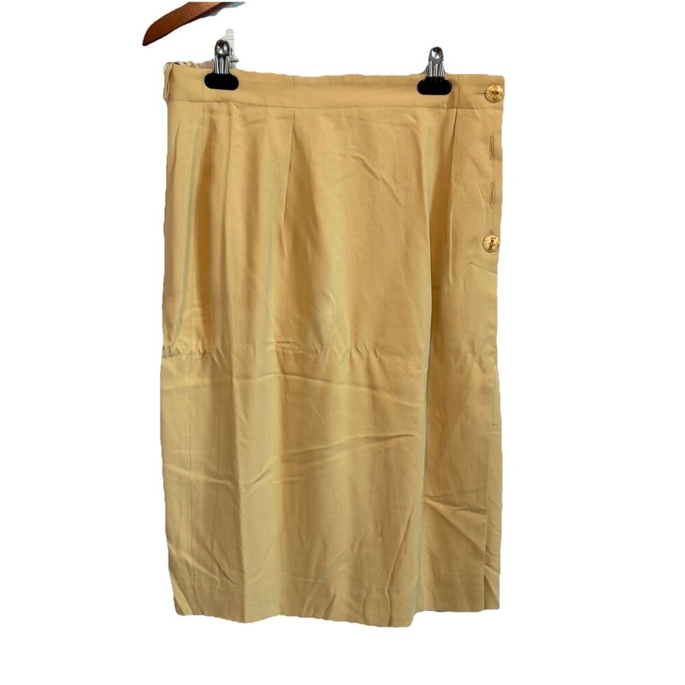 VTG Dana Buchman 100% Silk Midi Pencil Skirt Tan Yellow Mock Wrap Button Size 10
